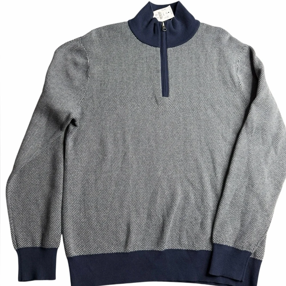 NWT J.Crew Men’s Cotton Herringbone Quarter Zip‎ Sweater Navy Gray Size M